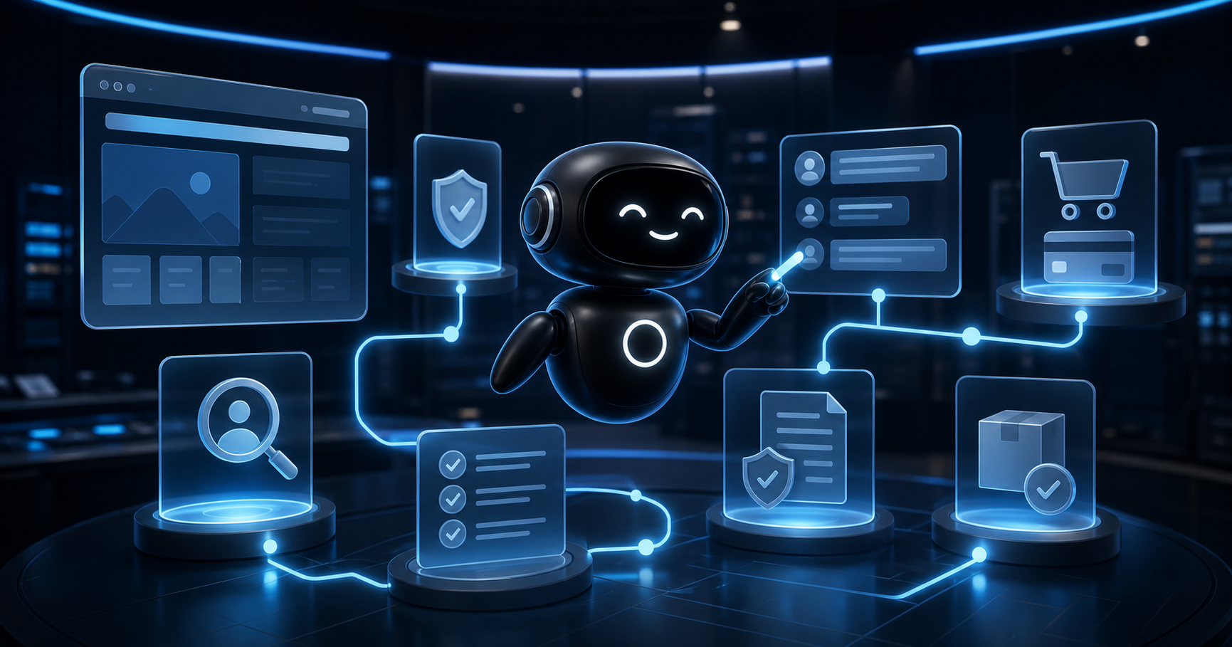 Deploy Agentic robot guiding an AI agent customer path through website, trust, support, checkout, and receipt signals