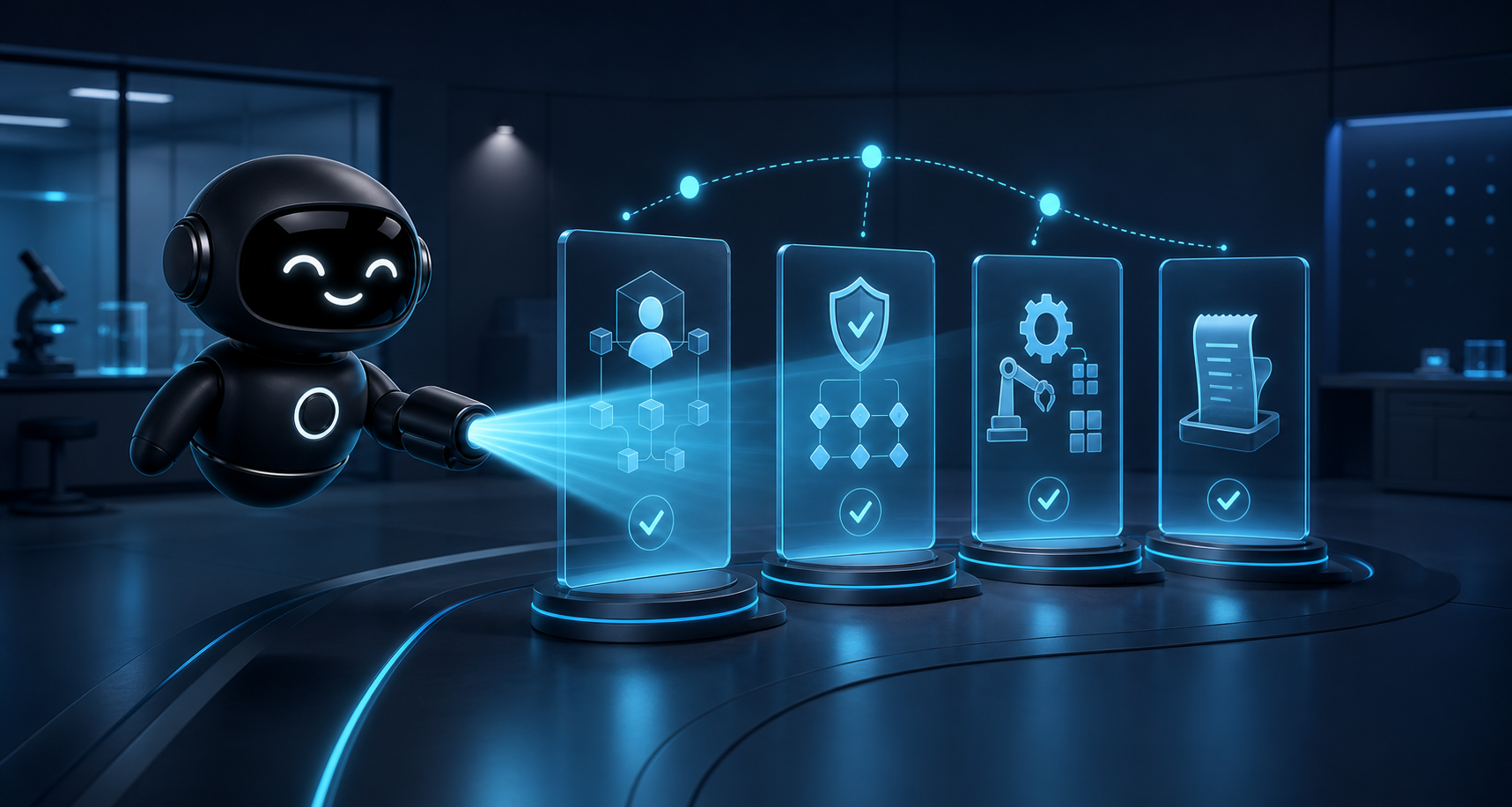 Deploy Agentic robot scanning identity, permission, action, and receipt checkpoints for an AI agent customer journey