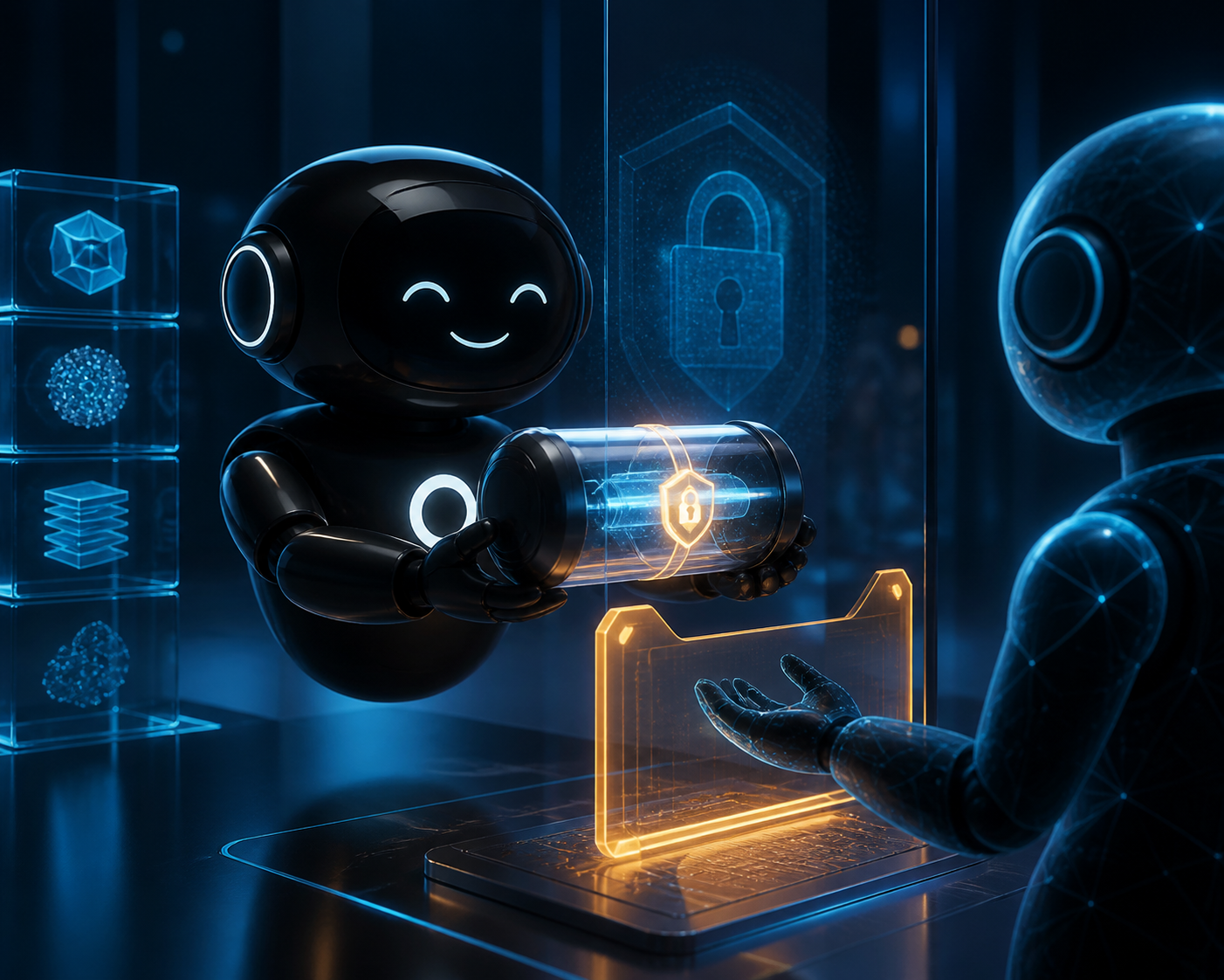 Deploy Agentic robot handing a protected task capsule to an abstract second agent across an approval checkpoint