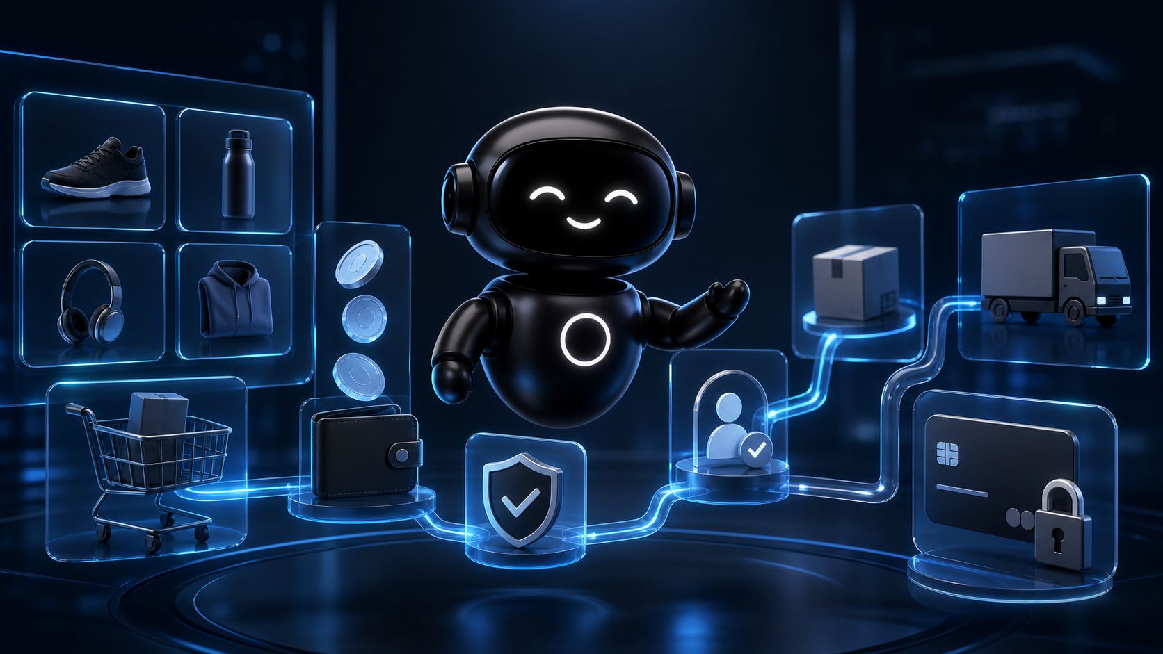 Deploy Agentic robot guiding product, cart, wallet, approval, shipping, and payment signals through an AI checkout path