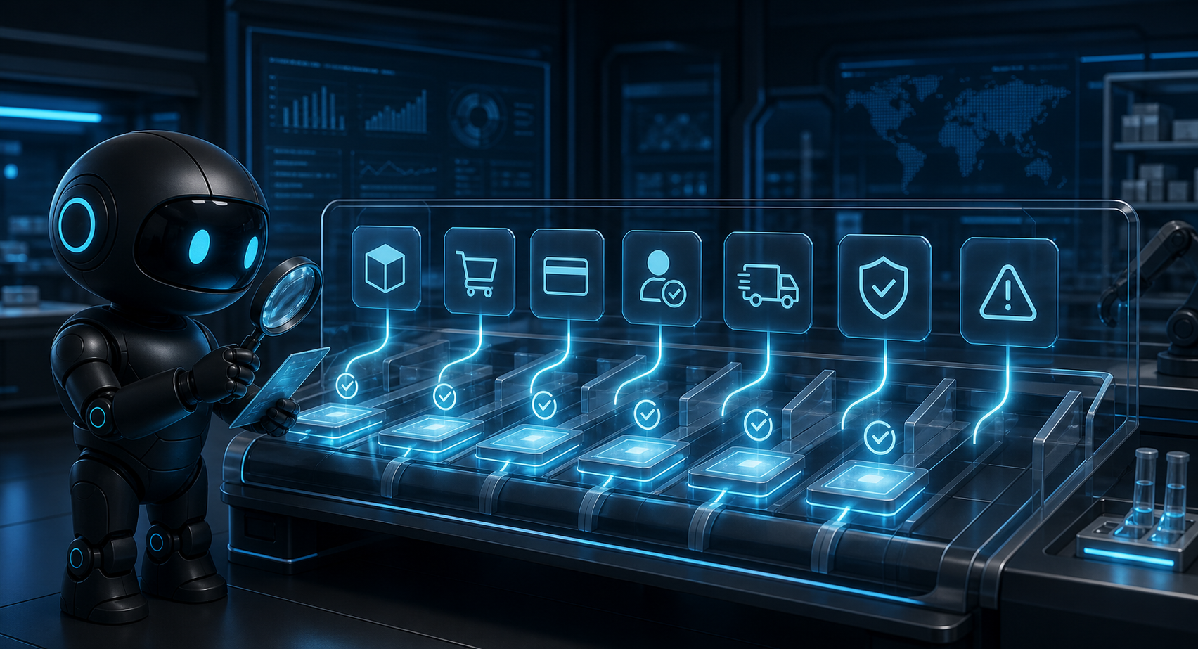 Deploy Agentic robot inspecting an AI checkout readiness lab with product, cart, payment, user approval, delivery, trust, and exception review lanes