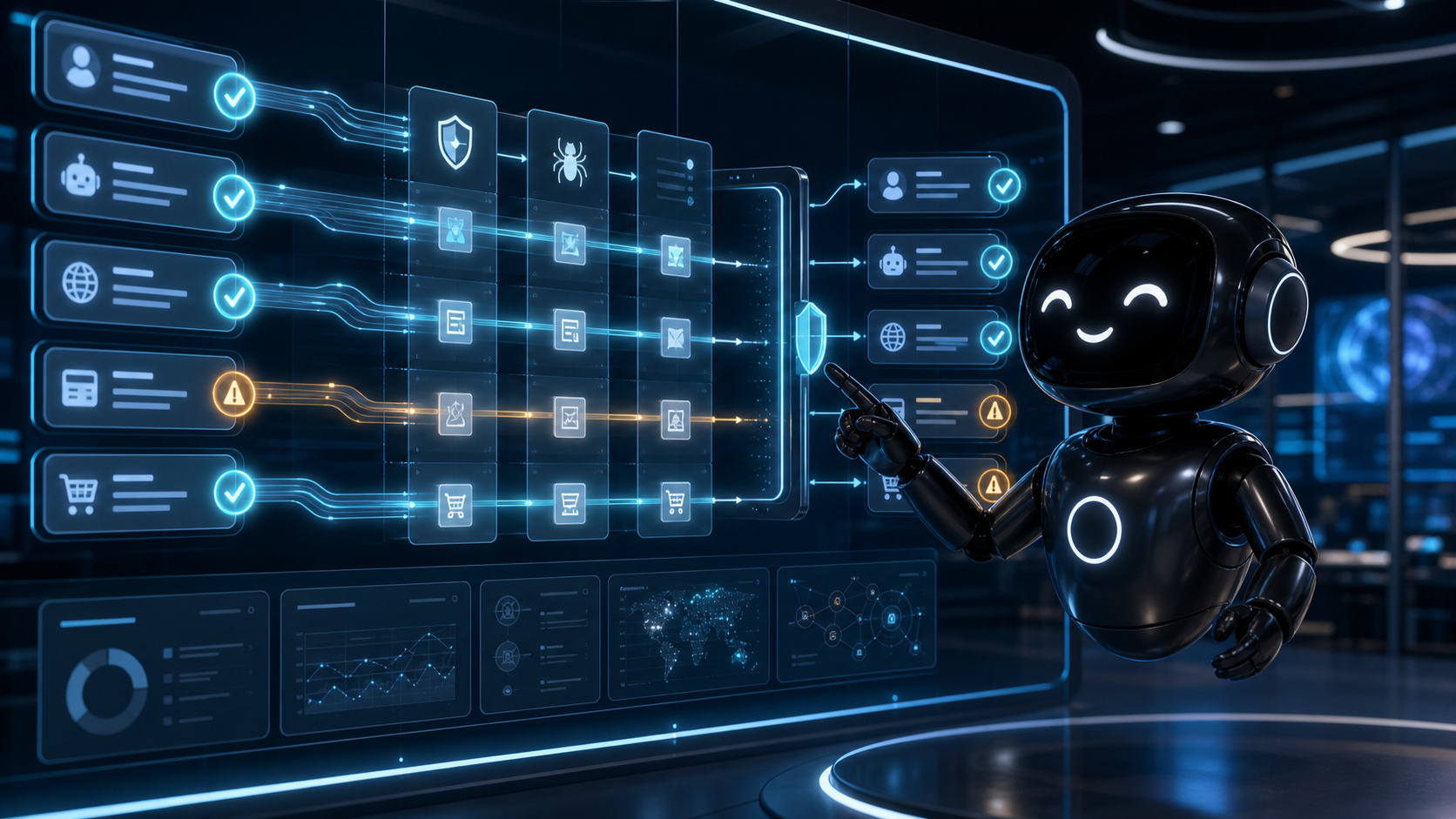 Deploy Agentic robot reviewing signed and unsigned AI agent request lanes in an audit room