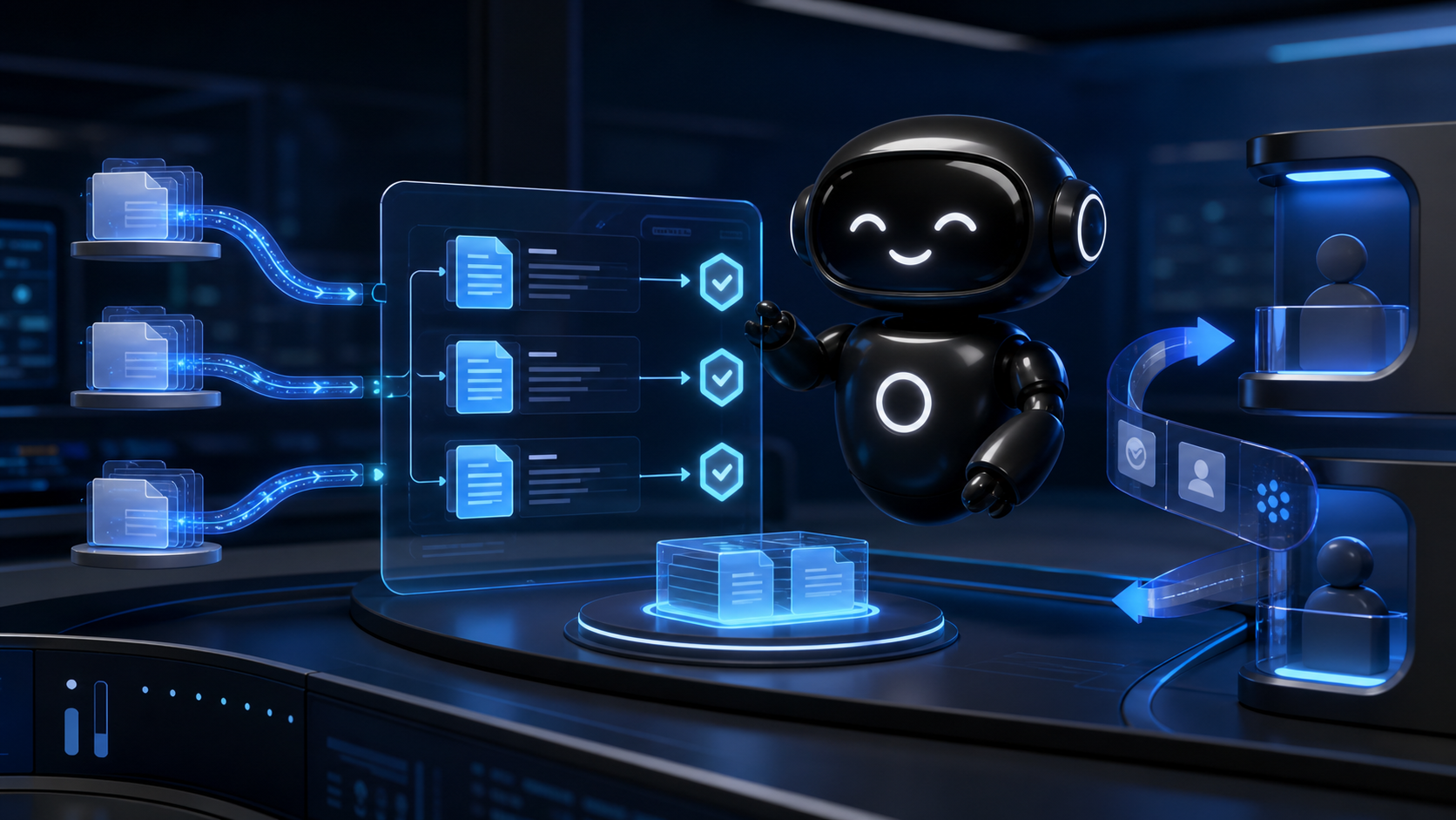 Deploy Agentic robot reviewing completed AI agent work, approval gates, audit ribbons, and safe handoffs