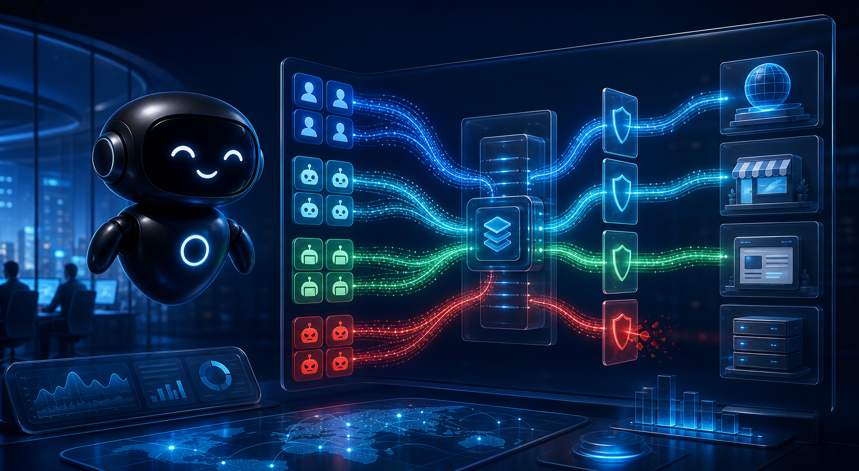 Deploy Agentic robot sorting human visitors, AI crawlers, user requested agents, and blocked abuse traffic