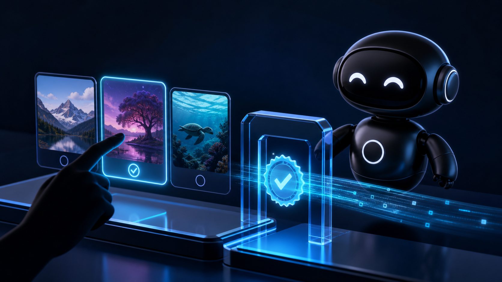 Deploy Agentic robot reviewing AI assisted media assets at a secure approval gate