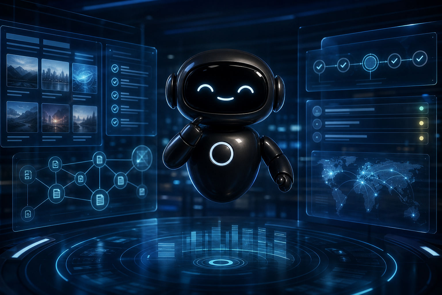 Deploy Agentic robot reviewing AI content quality signals in a dark editorial control room