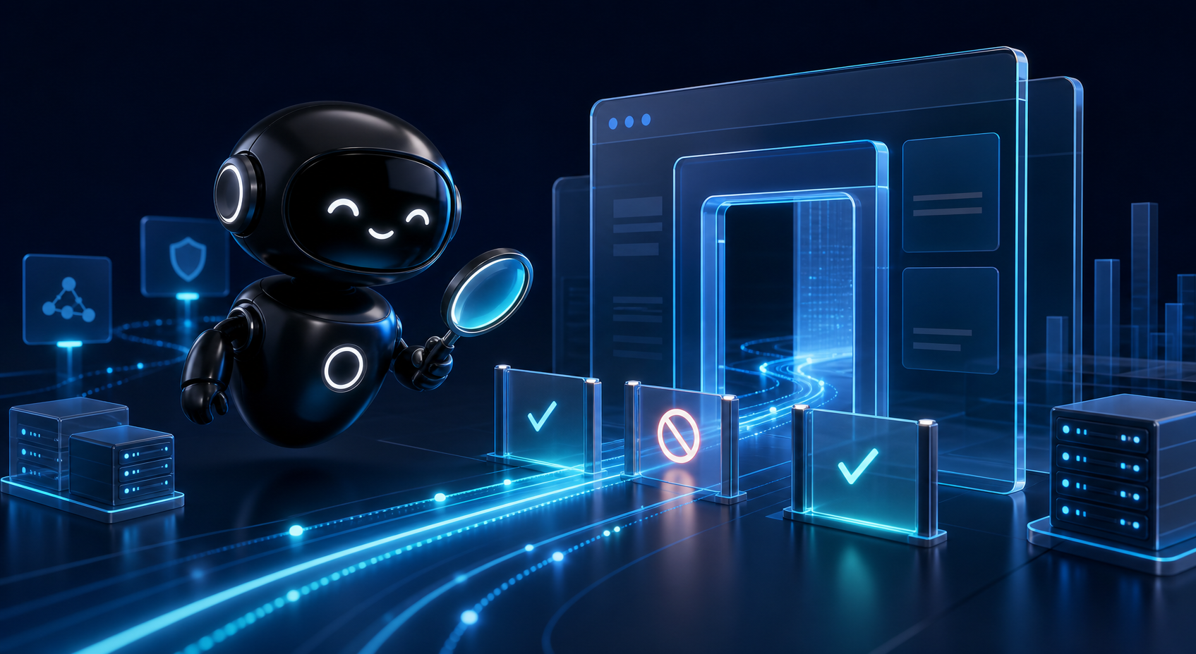 Deploy Agentic robot inspecting AI crawler access paths across a business website