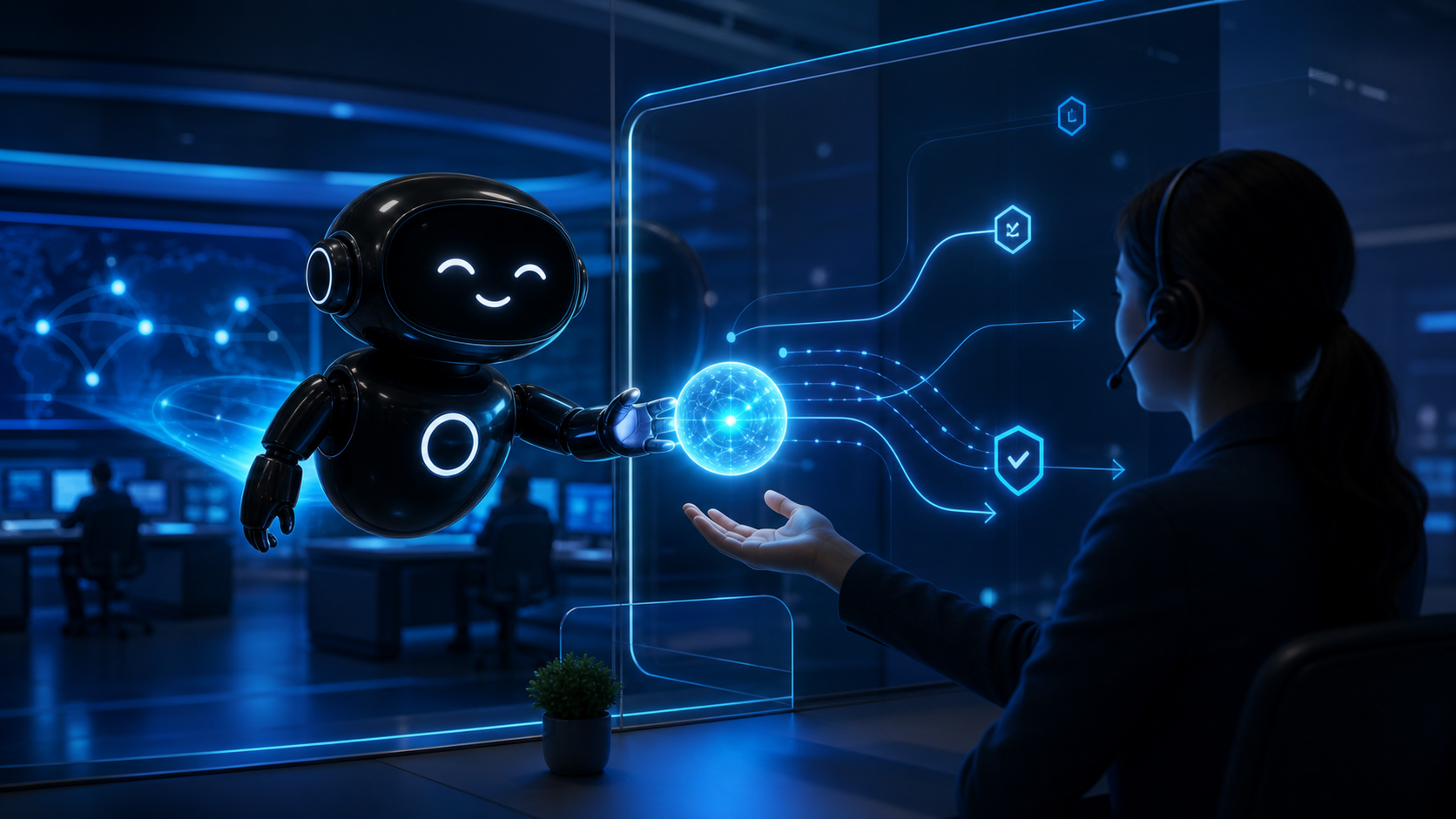 Deploy Agentic robot passing a glowing customer context record to a human support operator