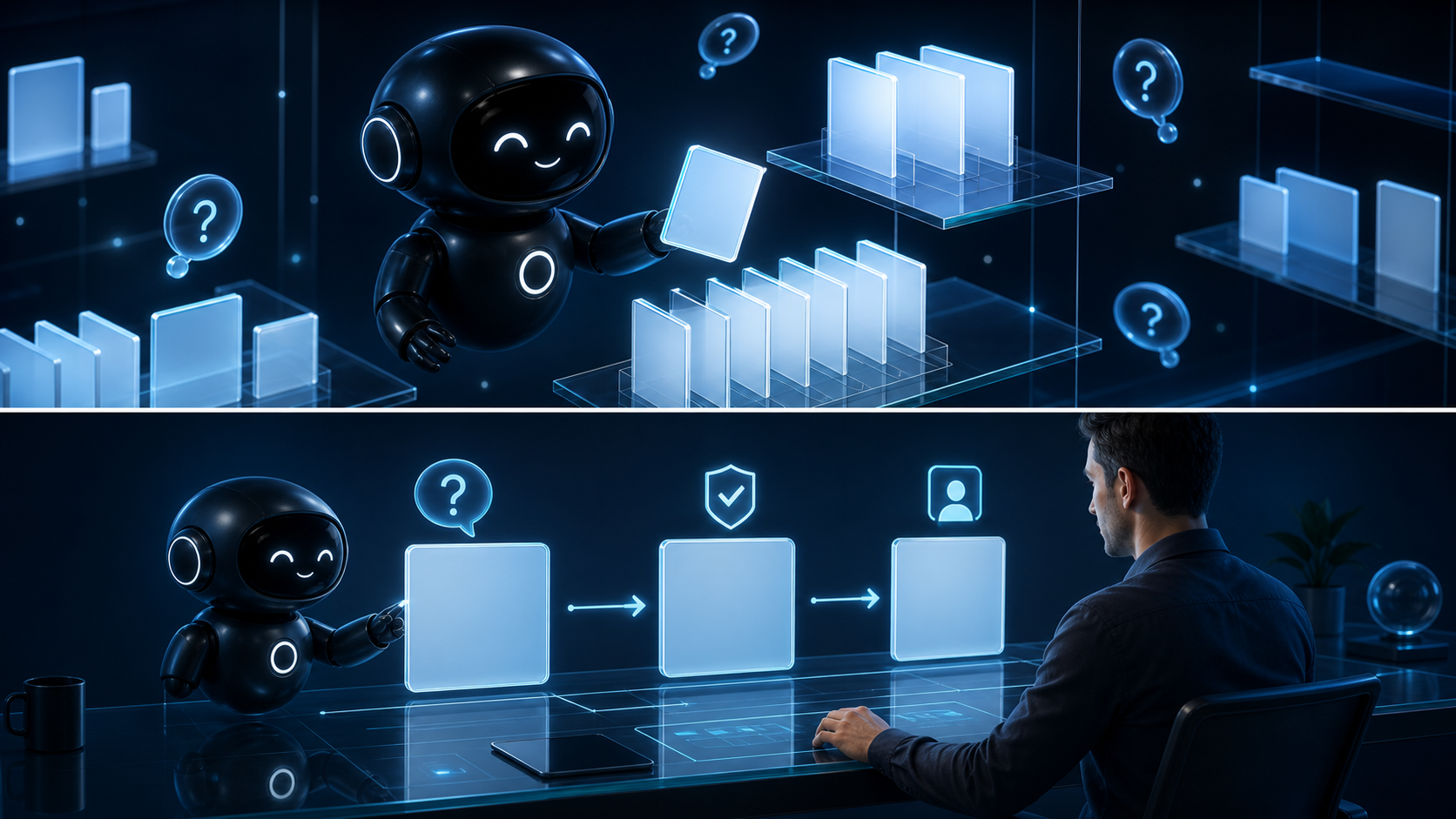 Deploy Agentic robot organizing blank knowledge cards on glowing glass shelves