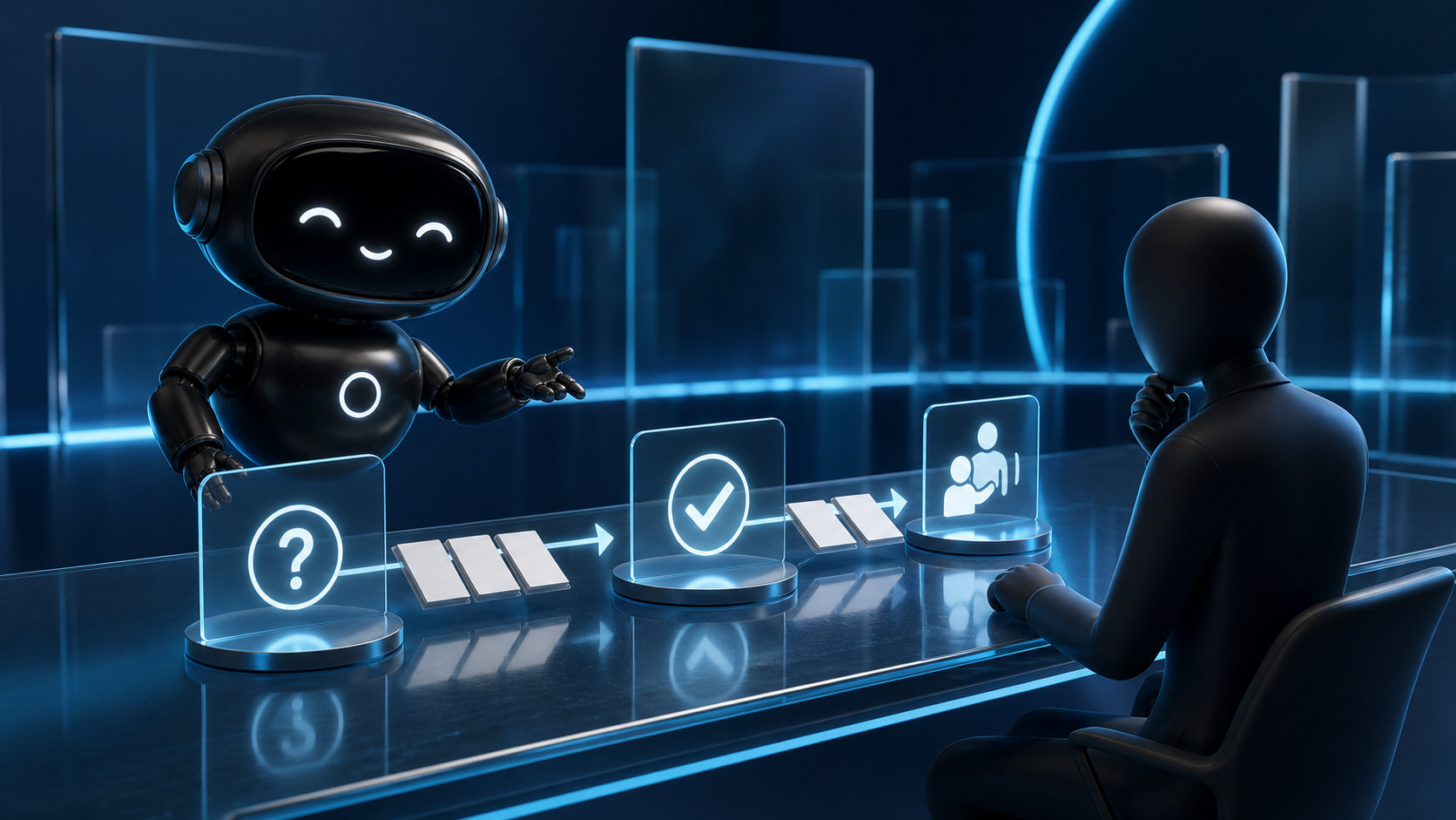 Deploy Agentic robot and a human operator reviewing abstract support answer cards at a dark navy glass desk