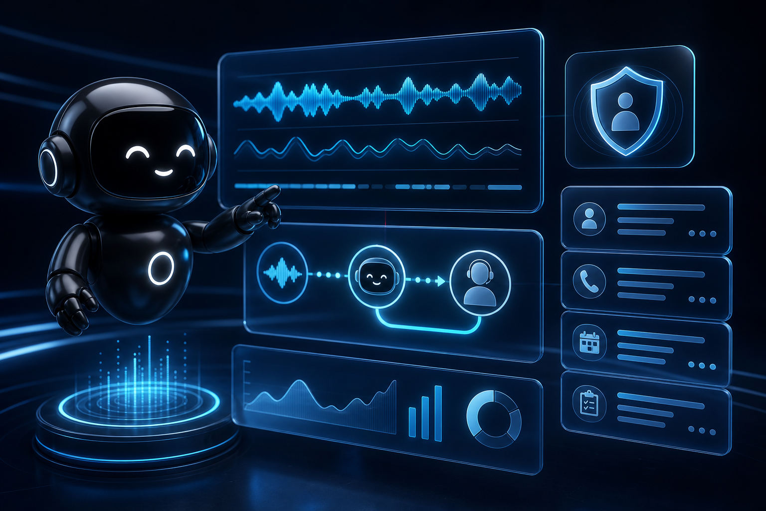 Deploy Agentic robot reviewing AI voice agent quality checks, handoff paths, and call records