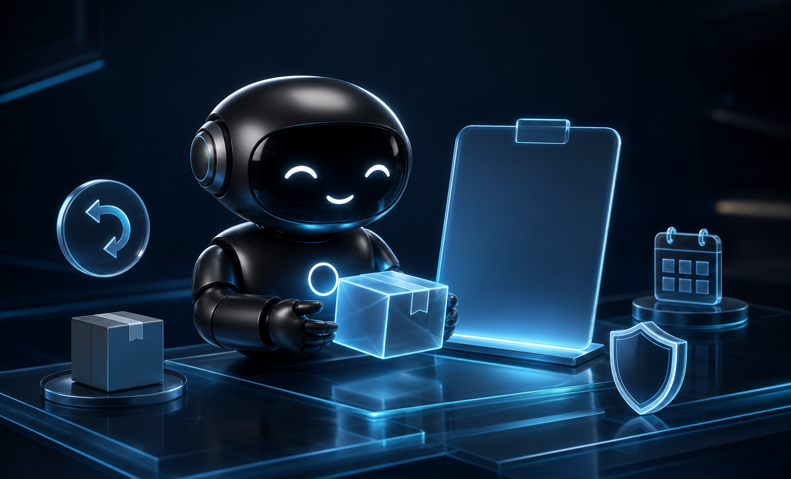 Deploy Agentic robot reviewing an abstract package, a blank policy panel, calendar, shield, and return symbol at a dark navy glass worktable