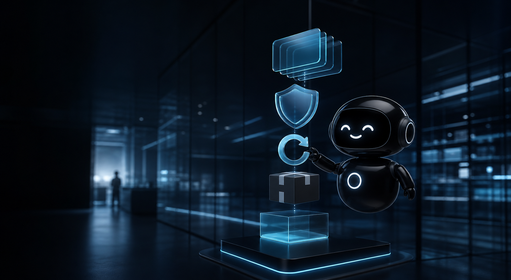 Deploy Agentic robot reviewing an abstract return process with a package, shield, glass cards, and a circular return symbol in a dark navy room