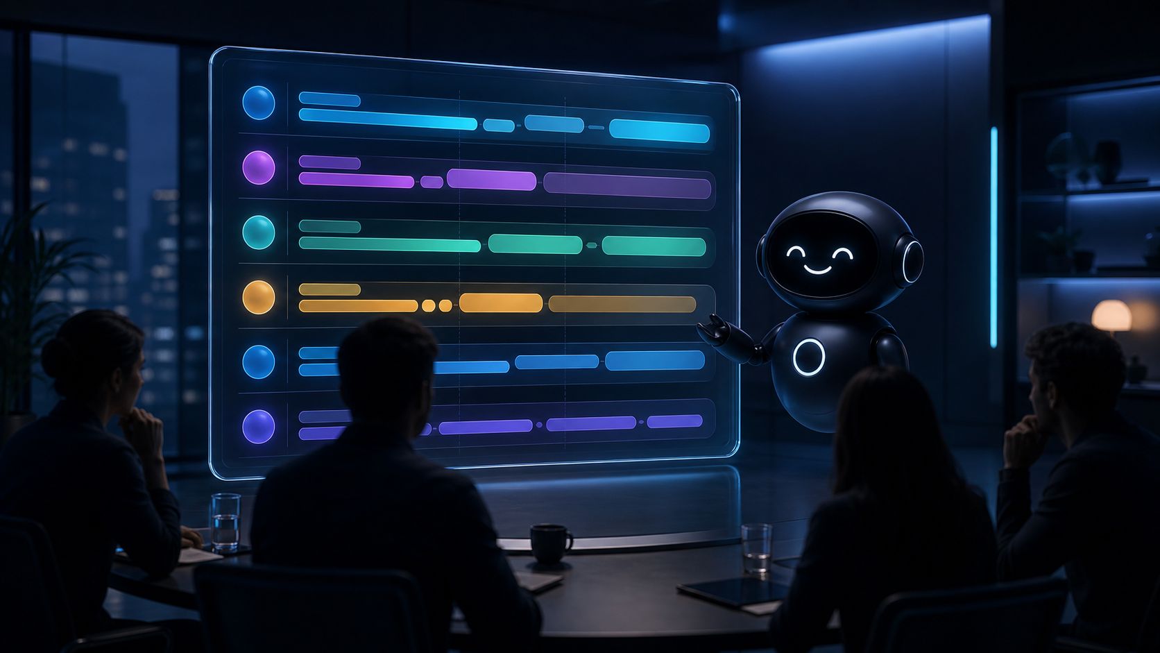 Deploy Agentic robot presenting an AI search planning wall to a business team