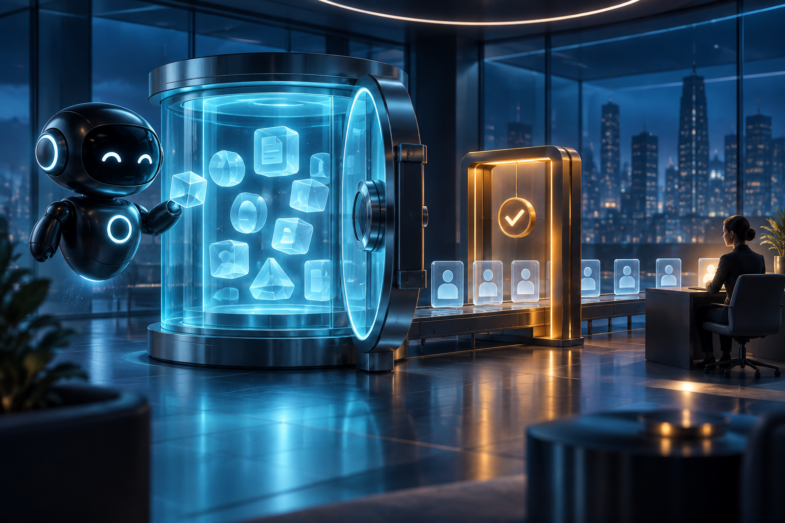 Deploy Agentic robot inspecting an abstract evidence vault before a human review gate