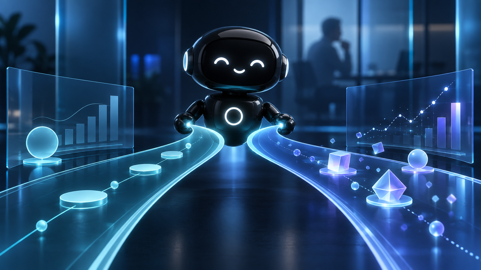 Deploy Agentic robot holding two abstract experimental paths under human review