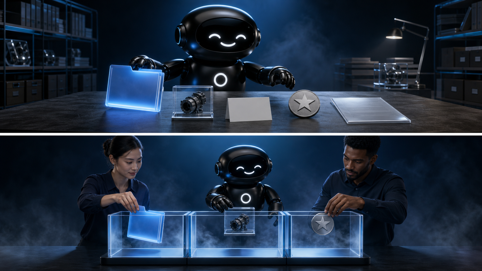 Deploy Agentic robot and business operators sorting product, service, support, and review evidence in a dark navy glass archive