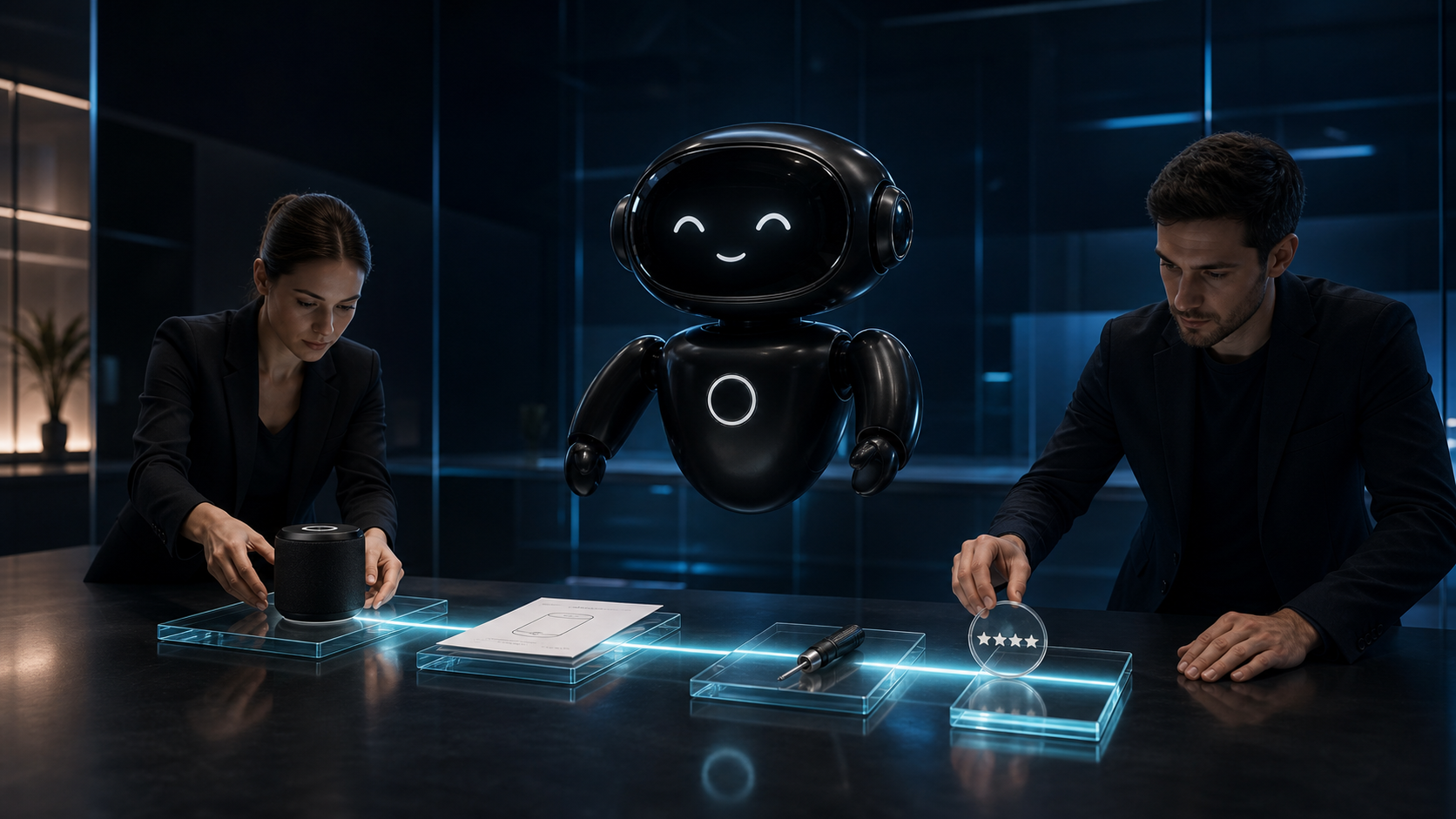 Deploy Agentic robot and business operators arranging product, service, support, and customer evidence on a dark navy glass table