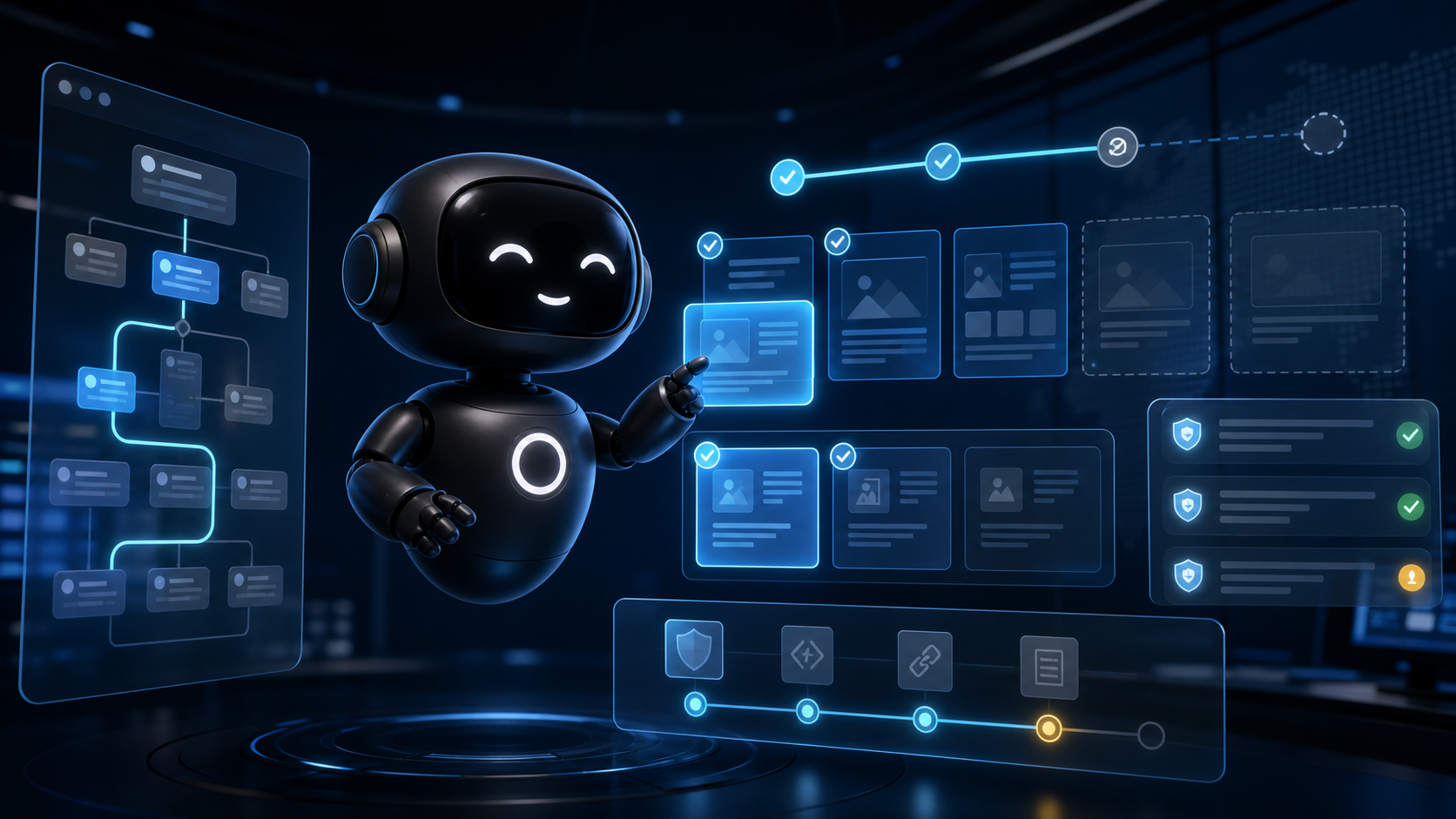 Deploy Agentic robot reviewing verified SEO and AI search audit evidence in a dark command room