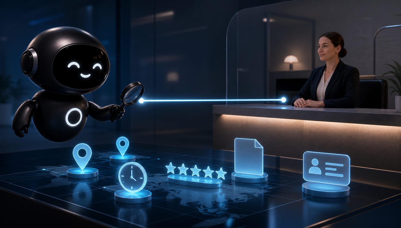 Deploy Agentic robot reviewing location, time, review, policy, and customer records beside a human service operator