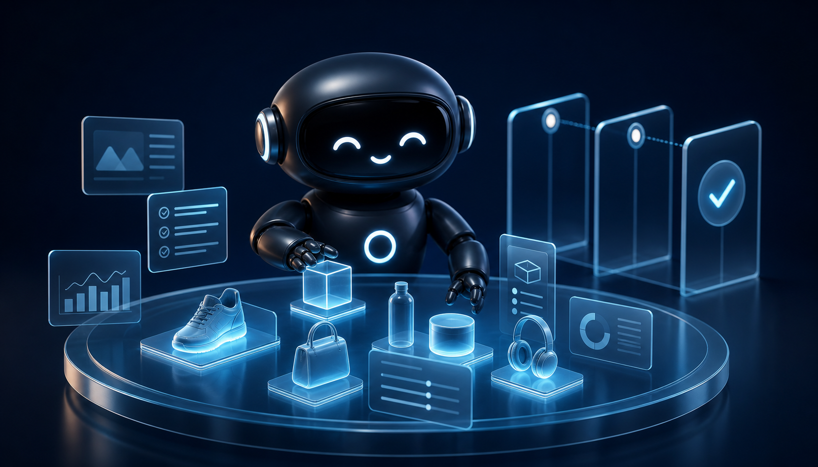 Deploy Agentic robot reviewing glowing product objects and abstract product data cards on a dark navy glass worktable