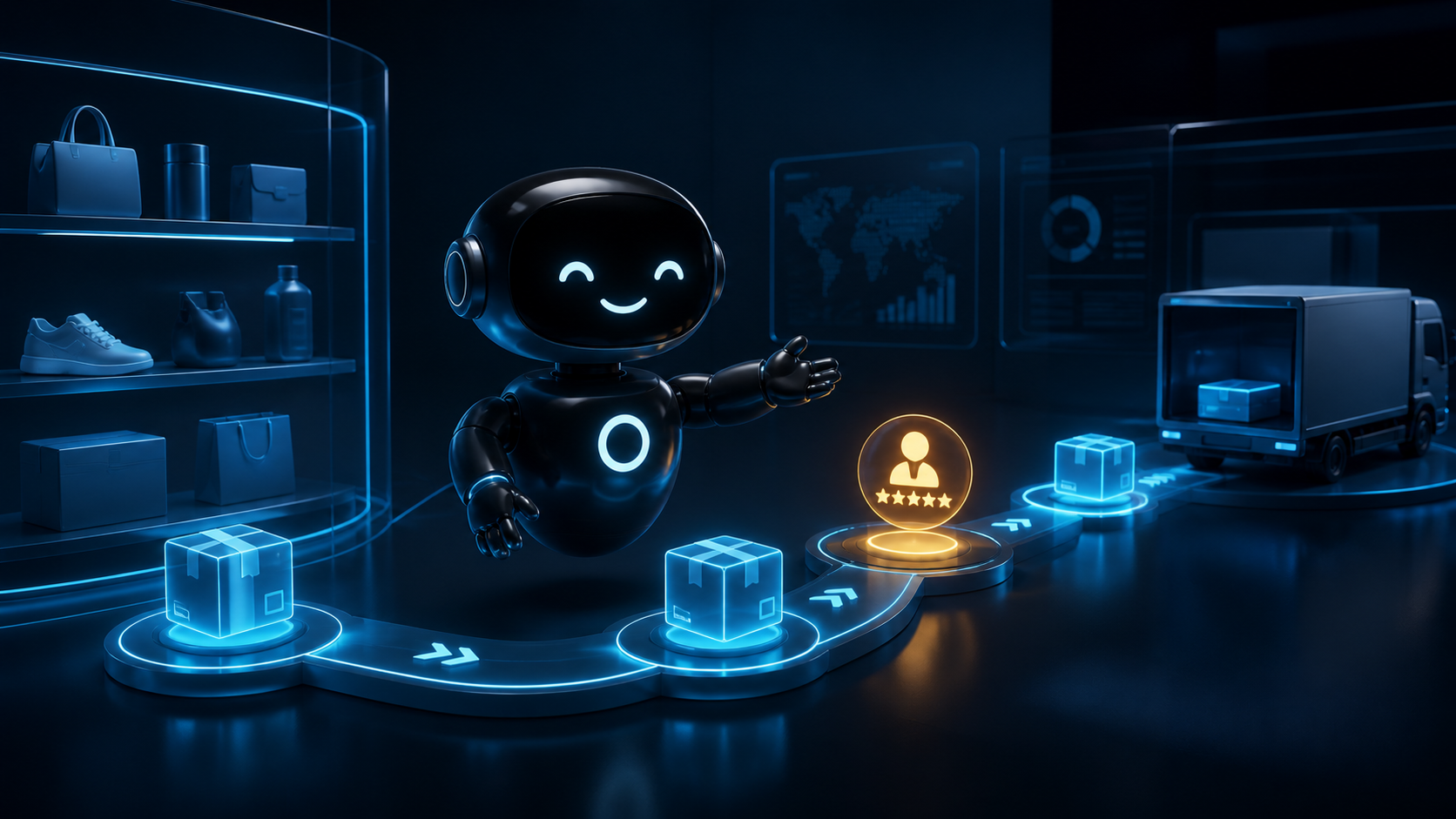 Deploy Agentic robot guiding abstract packages from product records toward a delivery truck