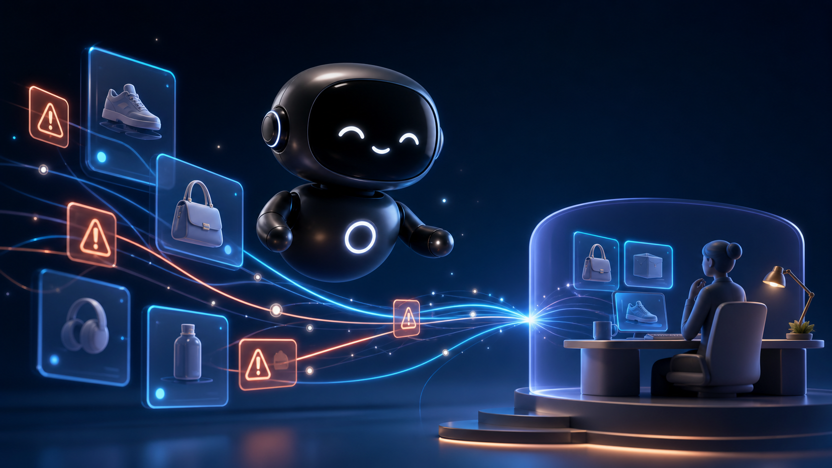 Deploy Agentic robot routing blank product cards with warning markers to a human ecommerce review station