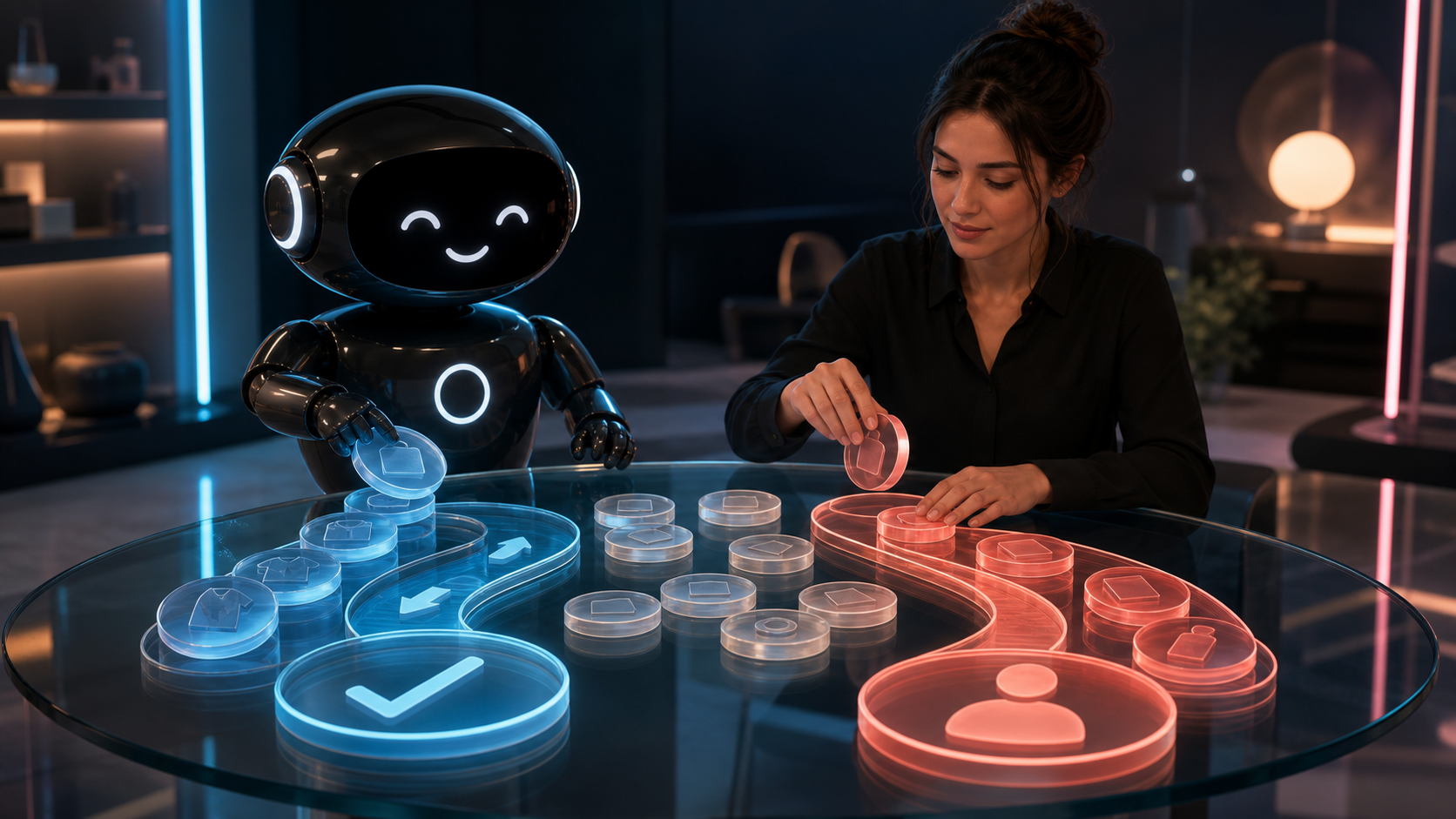 Deploy Agentic robot and human ecommerce operator sorting abstract product tokens into approved and review paths