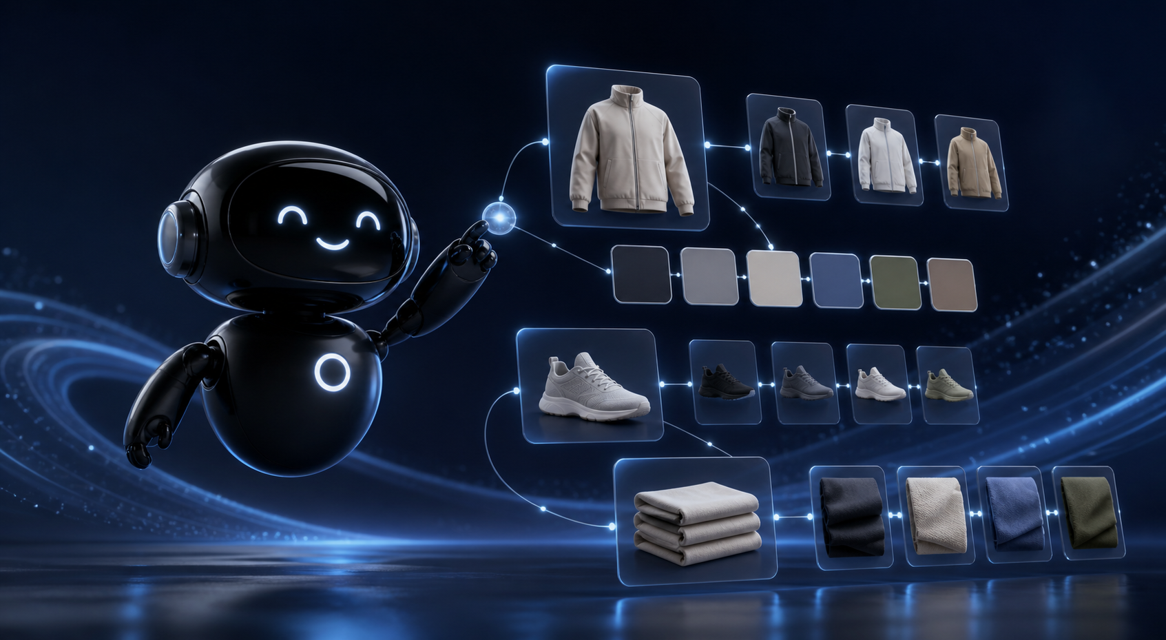 Deploy Agentic robot arranging generic product shapes and color swatches into clear variant groups