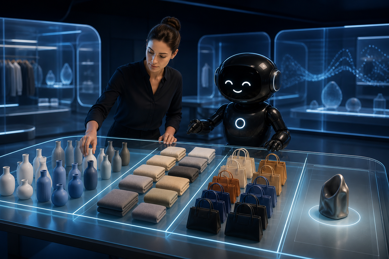 Deploy Agentic robot and a human operator reviewing grouped generic product variants at a glass table