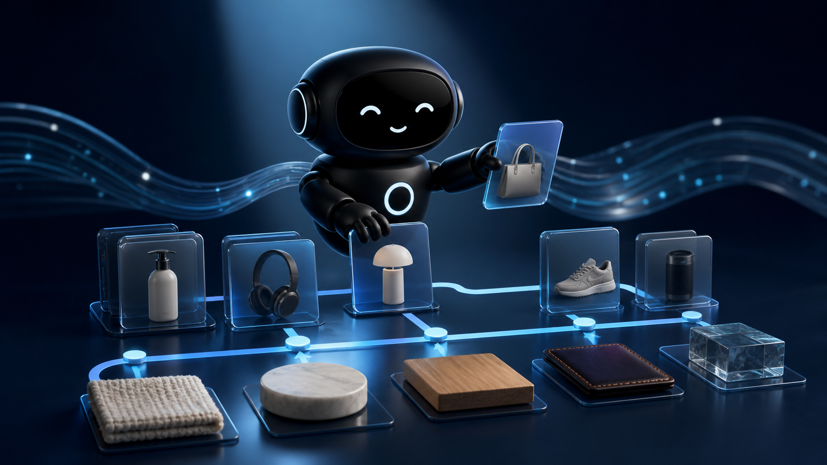 Deploy Agentic robot arranging unlabelled products and materials into a clear shopping decision path