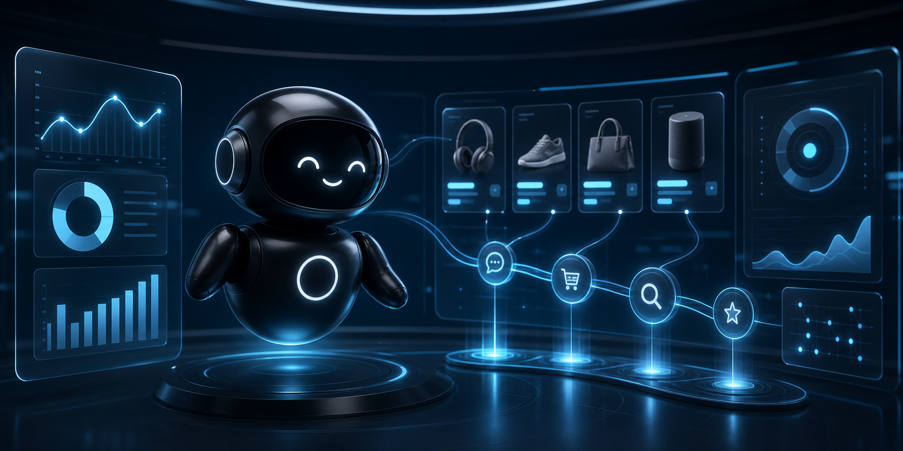 Deploy Agentic robot reviewing AI shopping visibility dashboards, product cards, and ecommerce signals