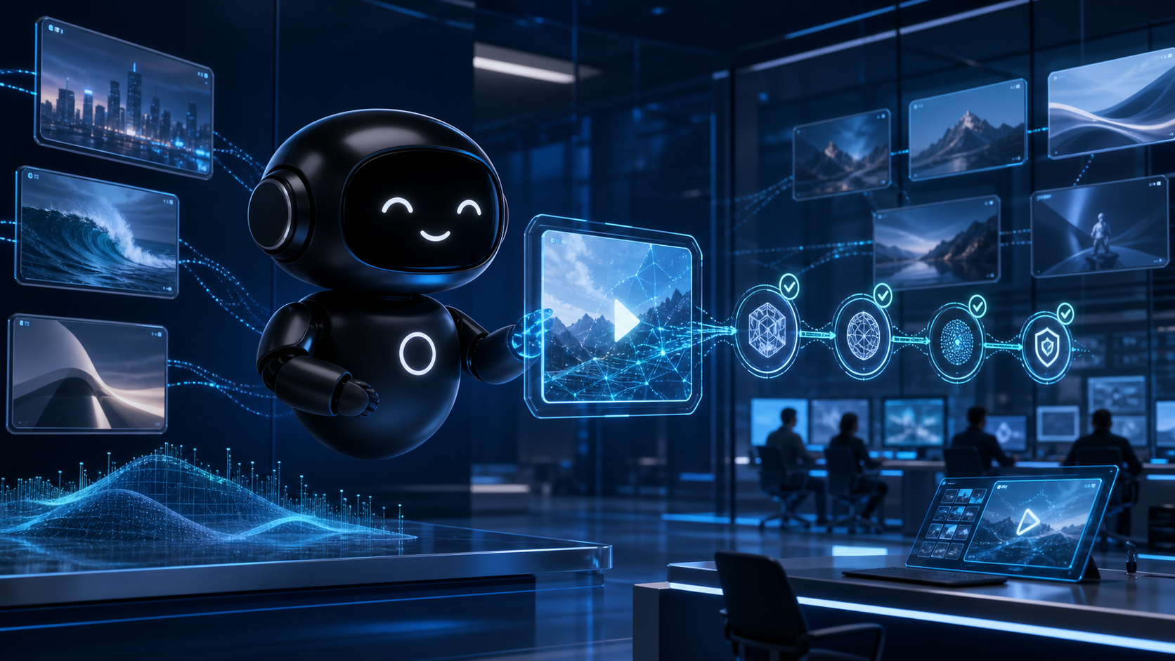 Deploy Agentic robot reviewing AI generated video provenance in a dark verification room