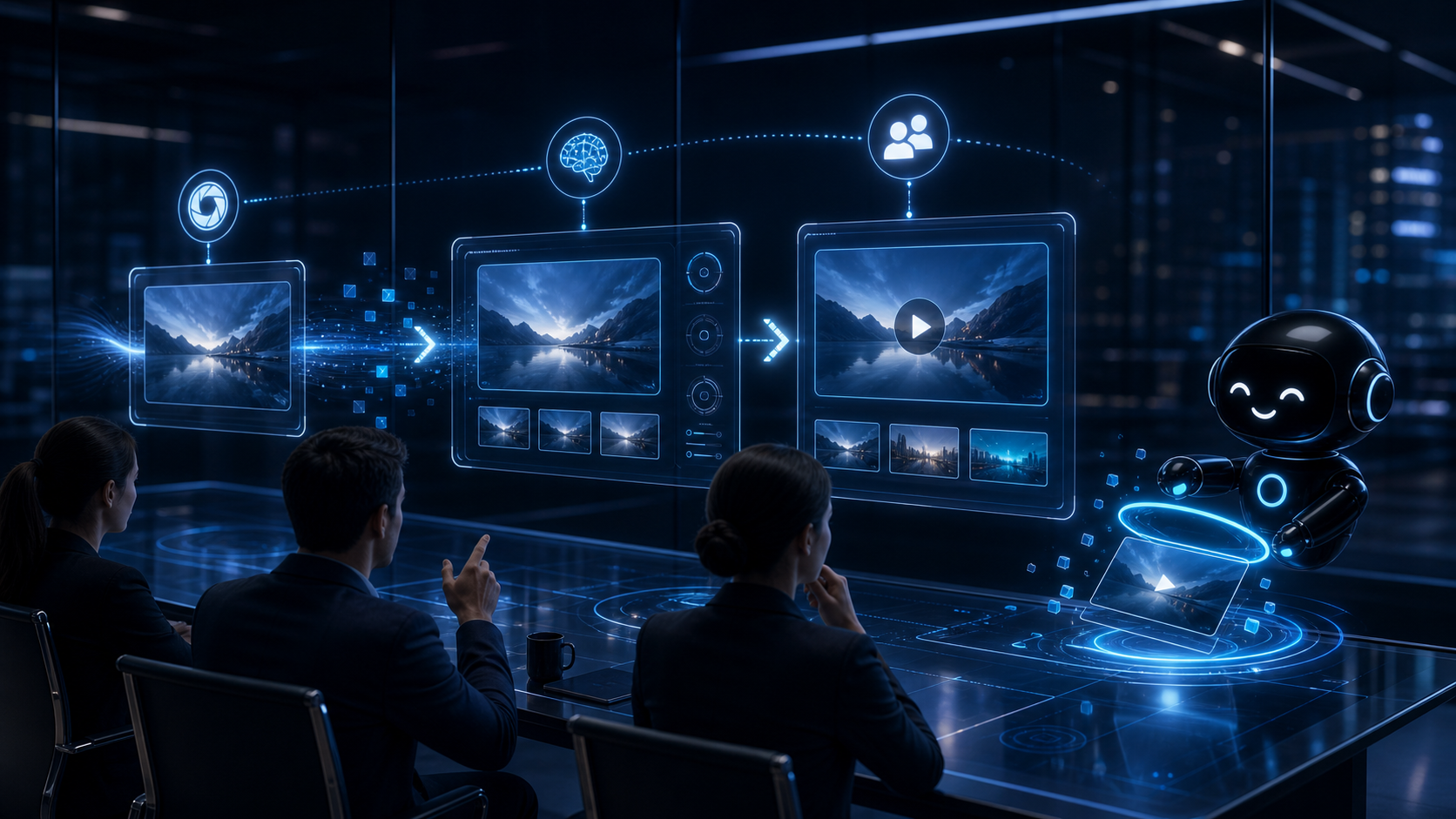 Business team reviewing AI generated video stages with the Deploy Agentic robot