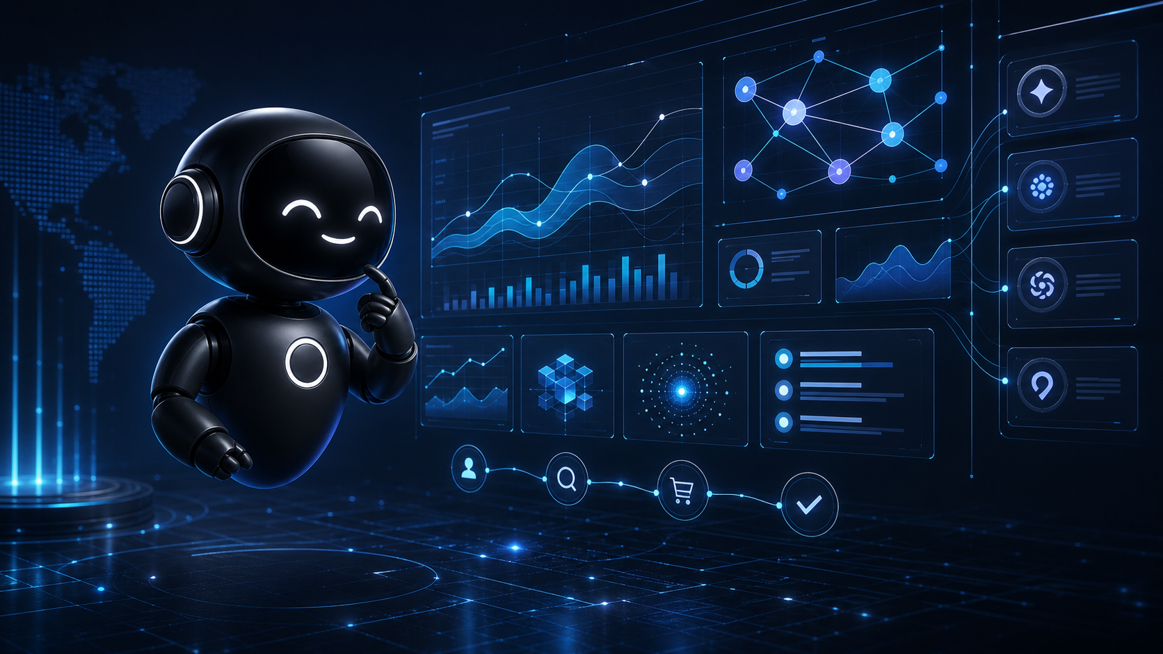 Deploy Agentic robot inspecting AI visibility analytics, citation nodes, and conversion paths