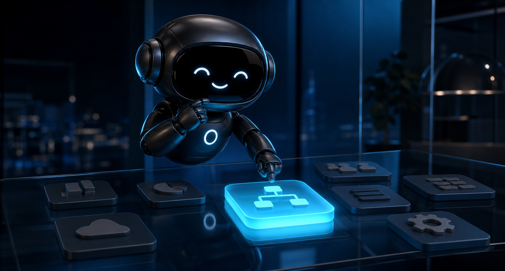 Deploy Agentic robot assessing a focused business workflow at a dark navy glass operations table