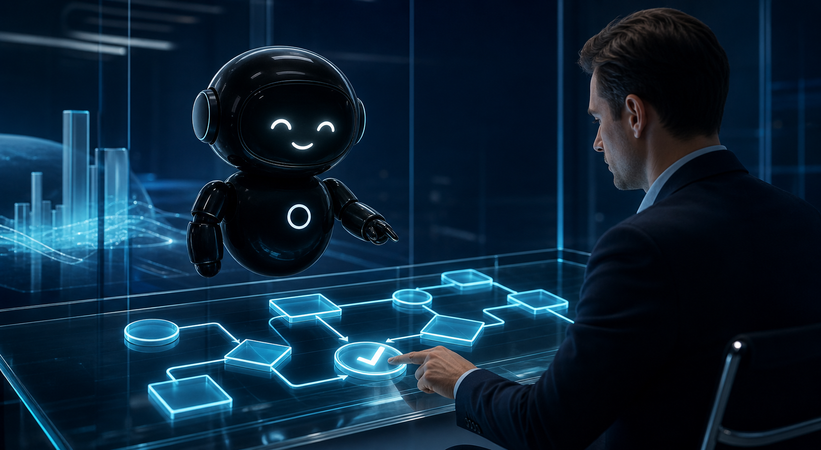 Deploy Agentic robot and a business operator reviewing a focused workflow approval path in a dark navy glass workspace