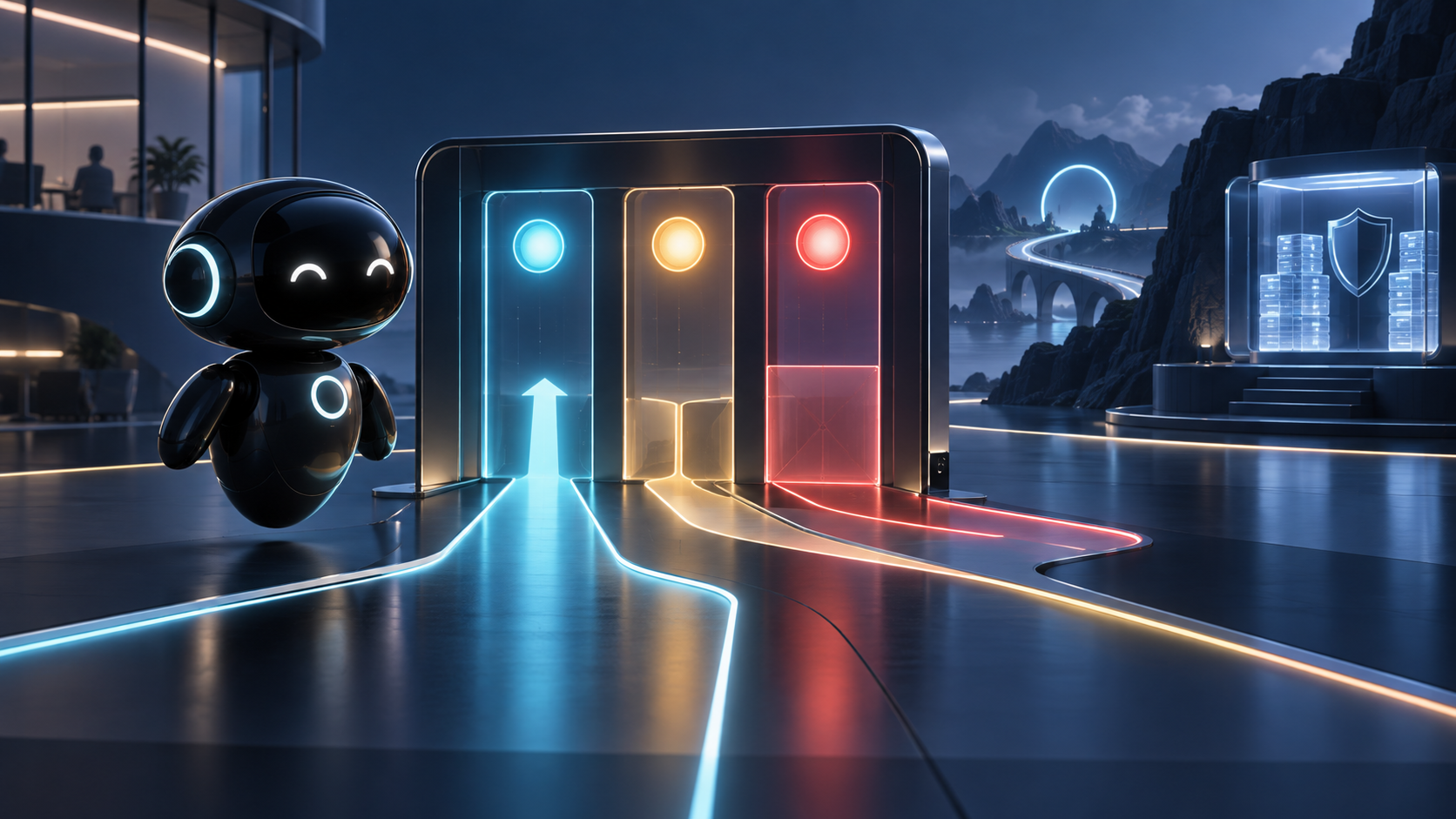 Deploy Agentic robot beside three approval paths for proceed, review, and stop