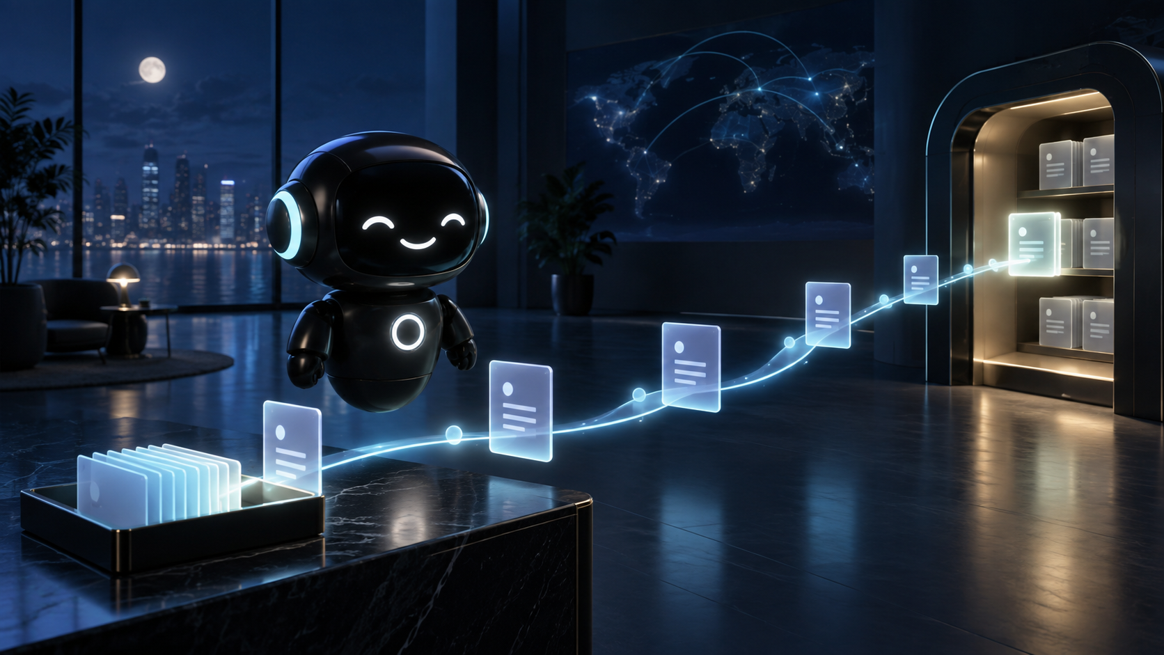 Deploy Agentic robot monitoring a luminous task path from intake to finished archive