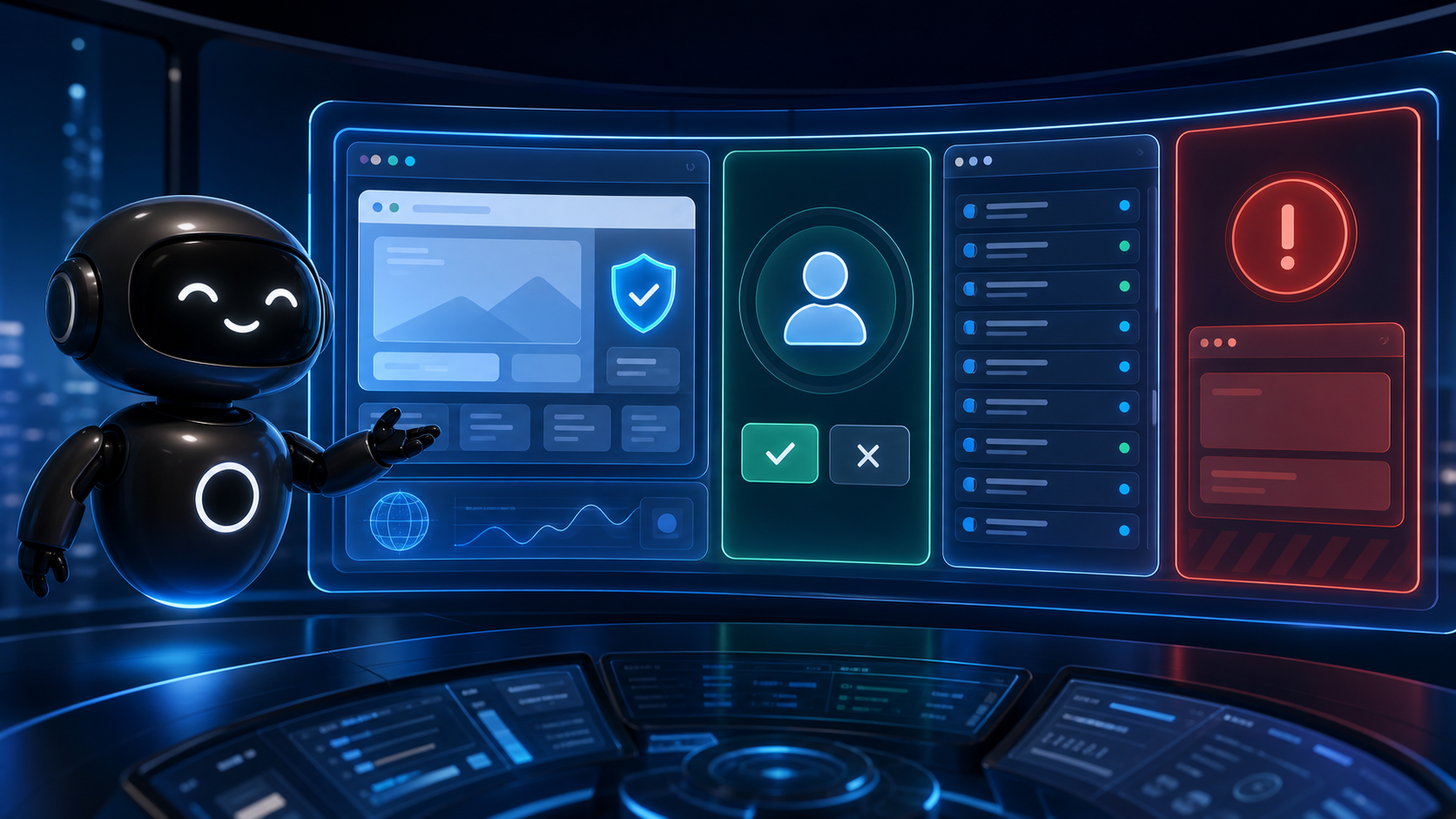 Deploy Agentic robot reviewing browser agent safe sessions, approvals, action logs, and blocked risky actions