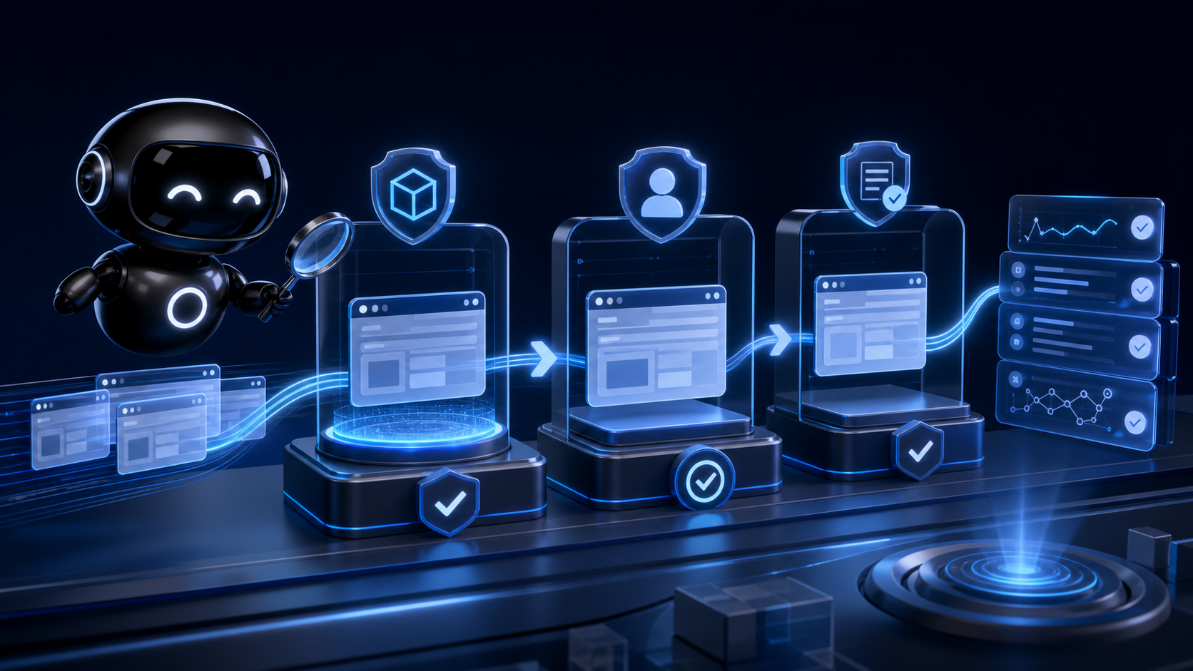 Deploy Agentic robot inspecting browser agent sandbox testing, reviewer approval, and trace records