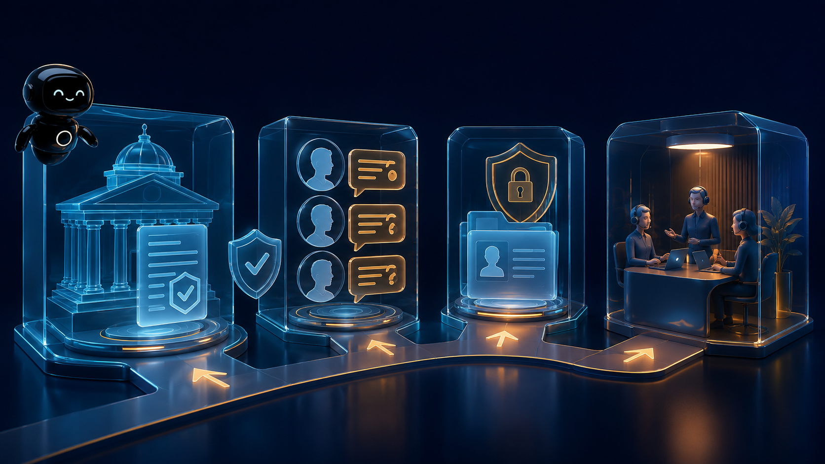 Four abstract stages showing verified facts, customer questions, a protected lead record, and a human handoff