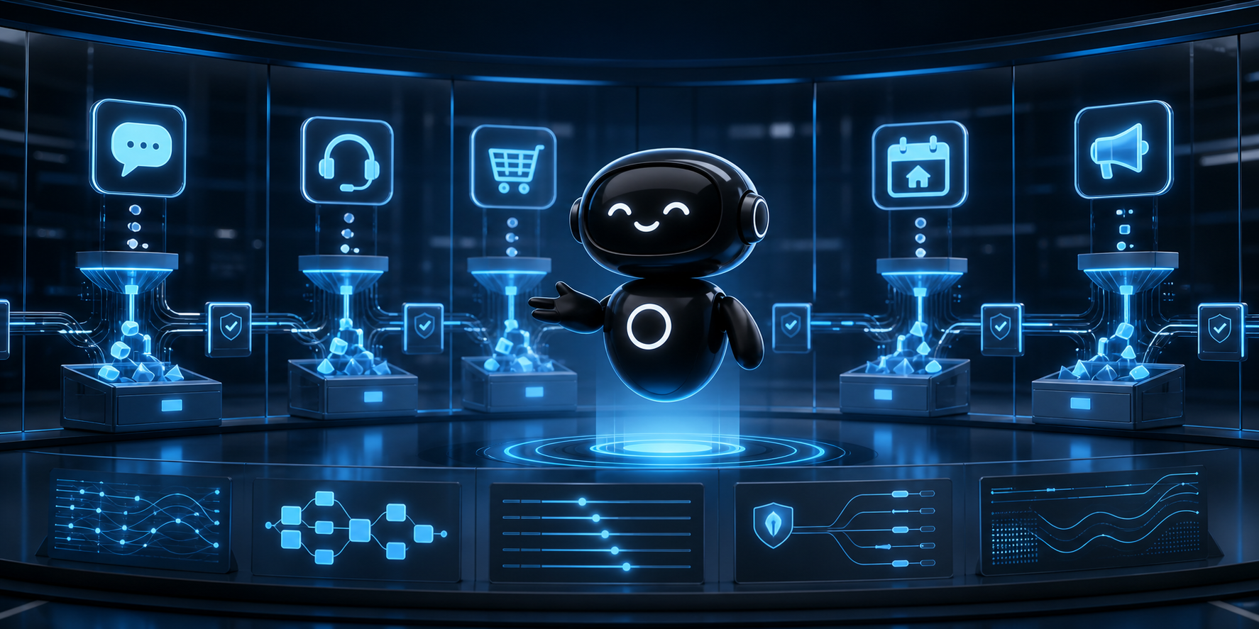 Deploy Agentic robot coordinating dedicated AI agent stations for sales, support, ecommerce, booking, and marketing workflows