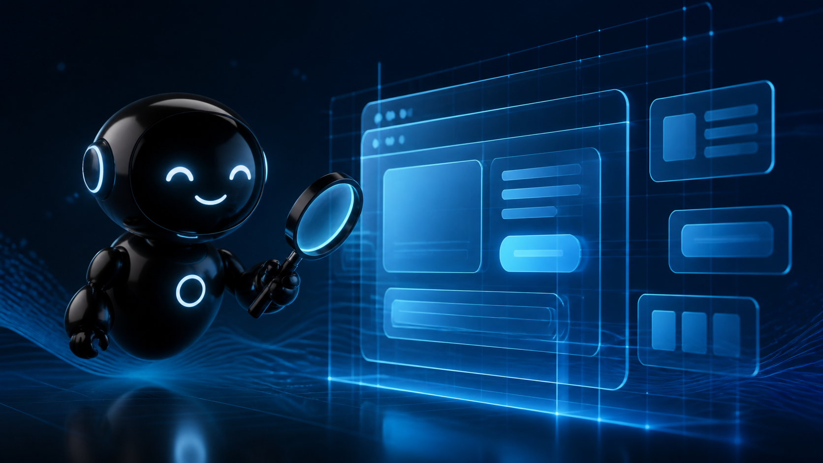 Deploy Agentic robot inspecting an abstract website with clear glowing controls