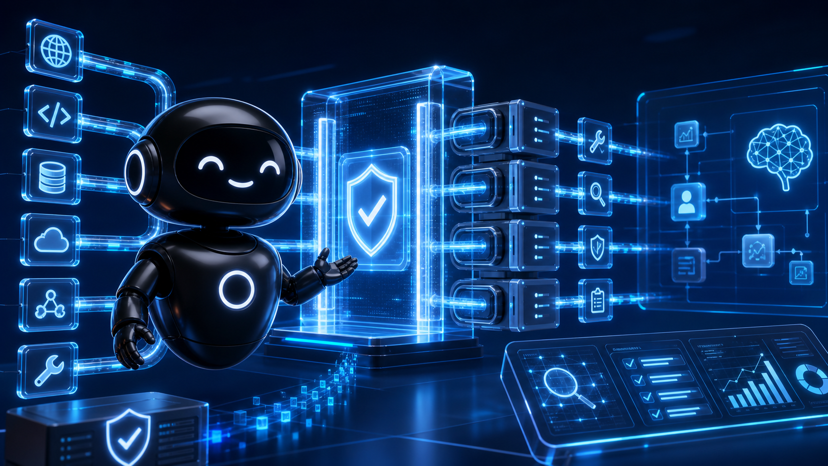 Deploy Agentic robot presenting a policy gate between MCP tools and an AI workflow