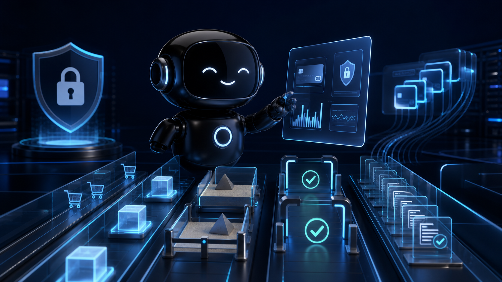 Deploy Agentic robot reviewing secure checkout controls, payment integration panels, approval gates, and audit paths
