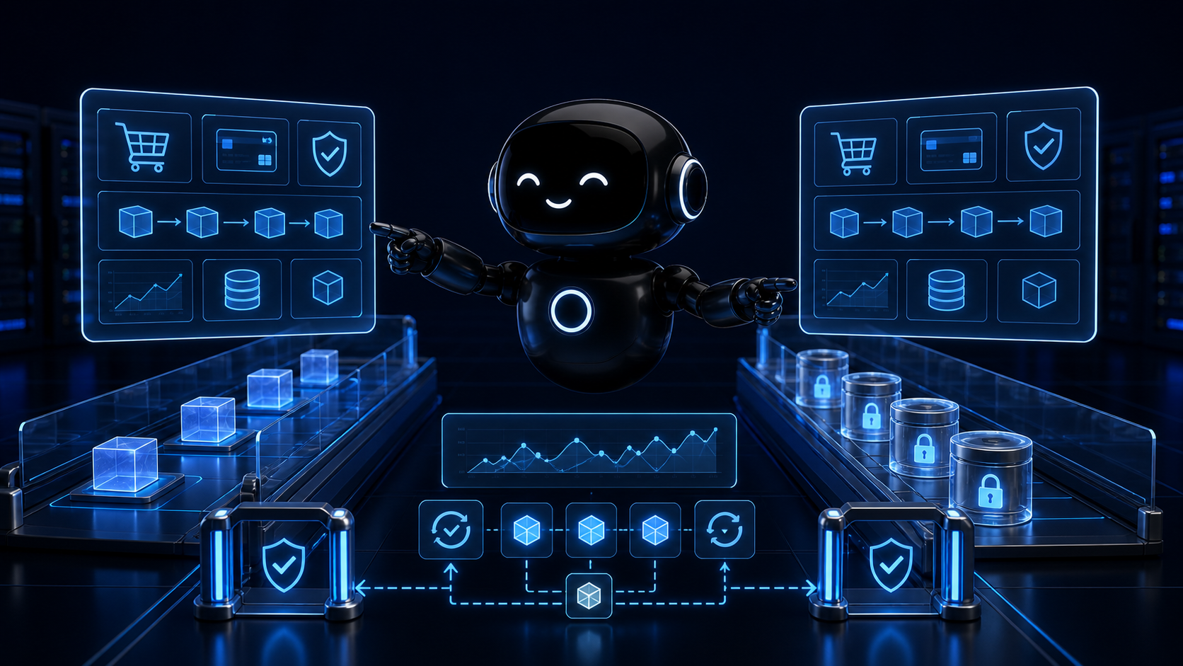 Deploy Agentic robot comparing sandbox and production checkout environments with secure approval gates and rollback controls