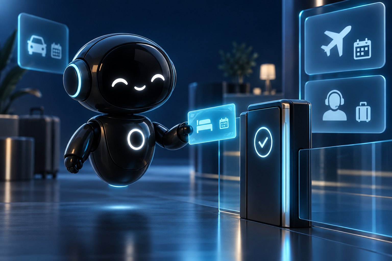 Deploy Agentic robot holding a glowing request card at a visible confirmation gate