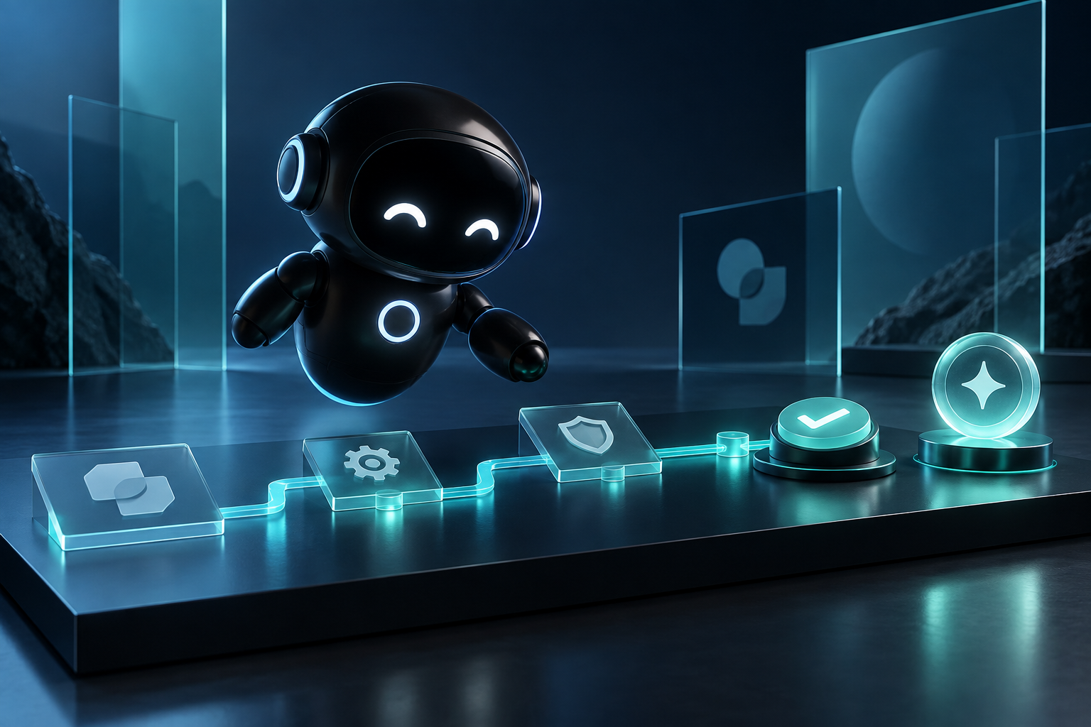 Deploy Agentic robot inspecting an abstract agent action test path with confirmation and evidence token